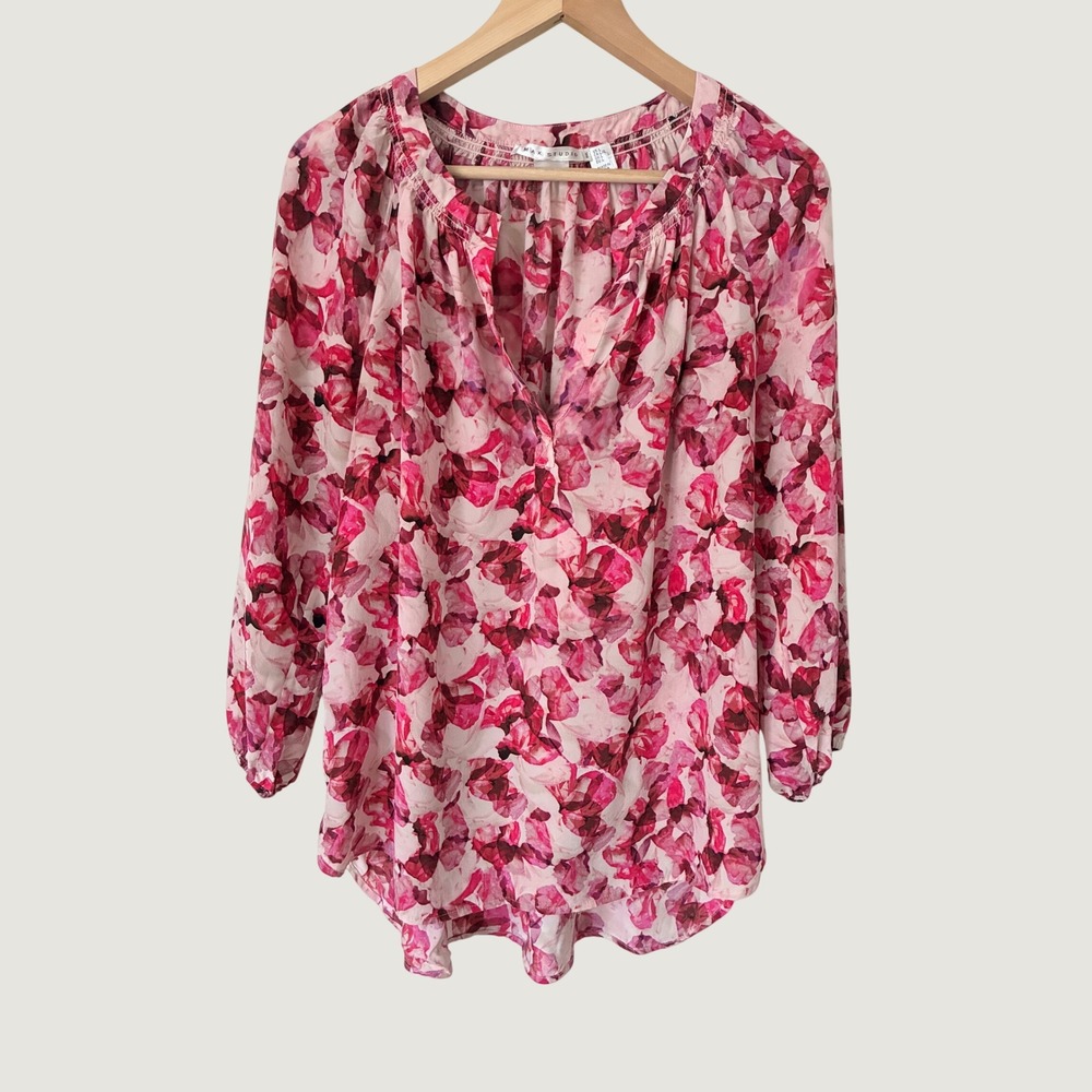 Max Studio Pink Floral 100% Silk Blouse Split V-Neck Long Sleeve Topโ Large